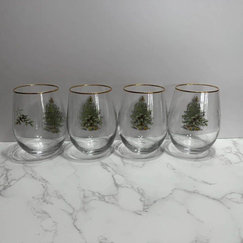 Spode Christmas Tree Stemless Wine Glasses Gold Trim Rim, 19 Oz - Set of 4